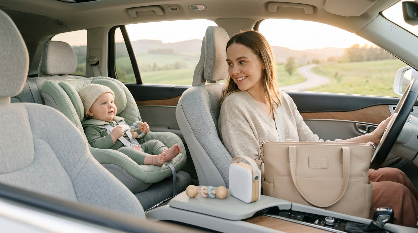 Mom driving car with baby in backseat while drinking iced coffee