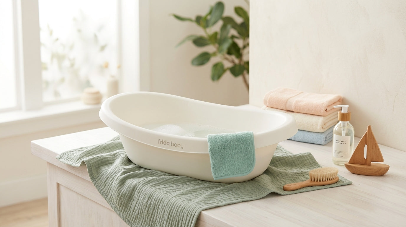 Priya inspecting a baby bath tub in a tiled bathroom