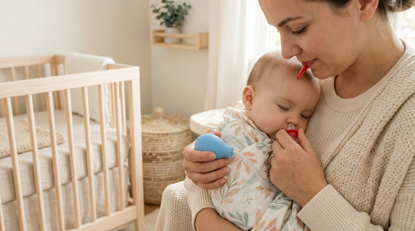 Exhausted millennial mom holding coffee and a frida baby nose sucker