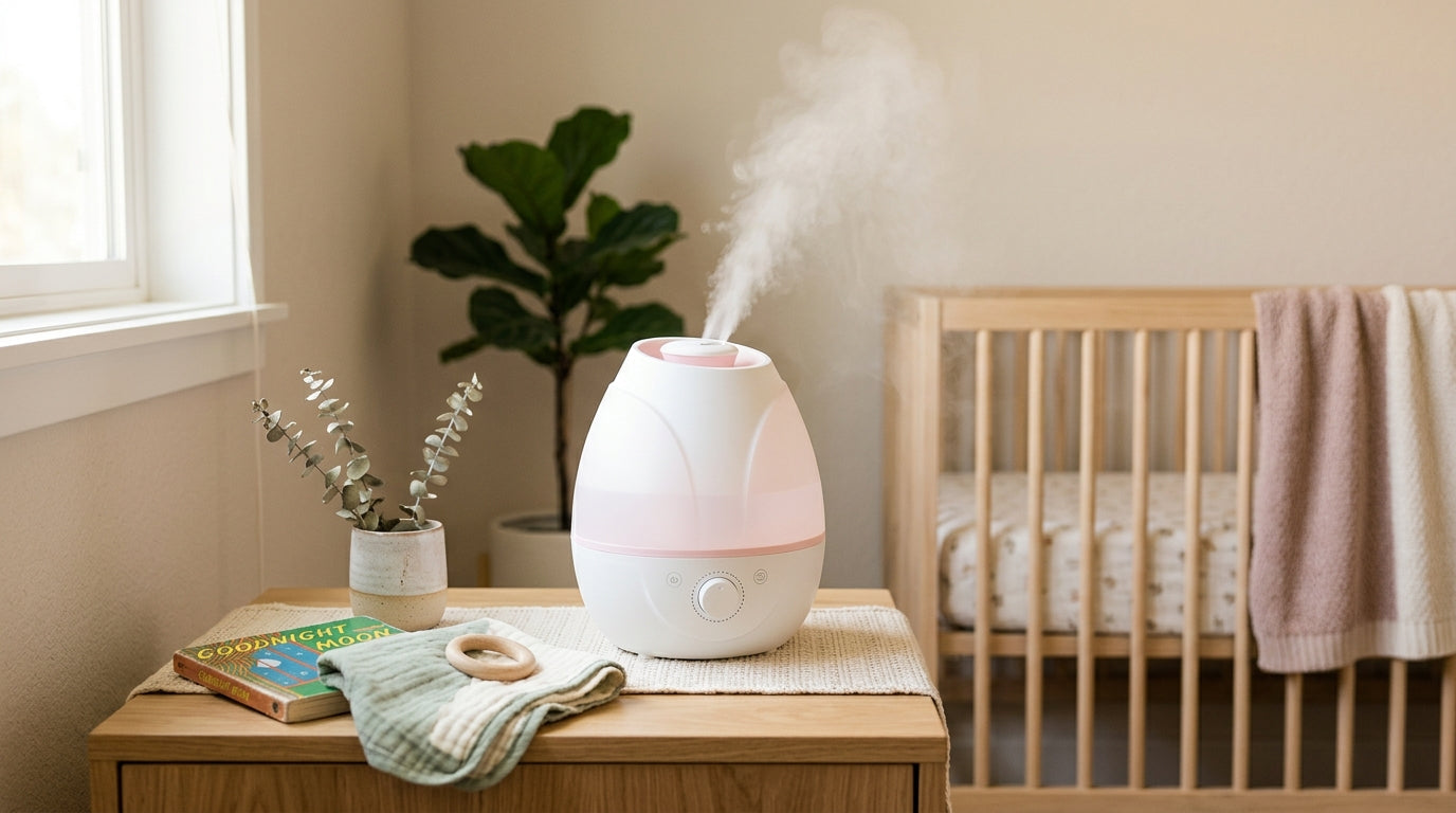 Pediatric nurse reviewing a nursery cool mist machine on a dresser