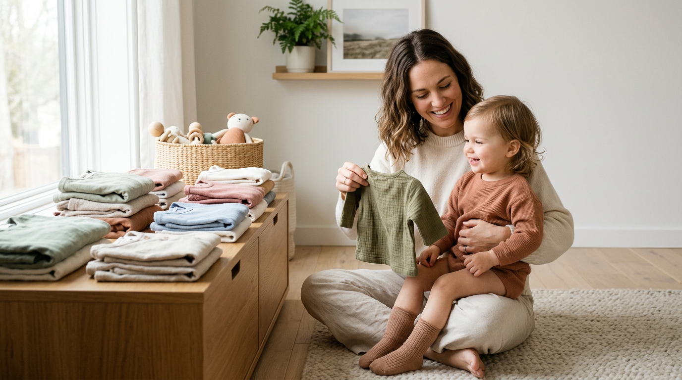 Mom holding a soft organic cotton infant bodysuit in a nursery
