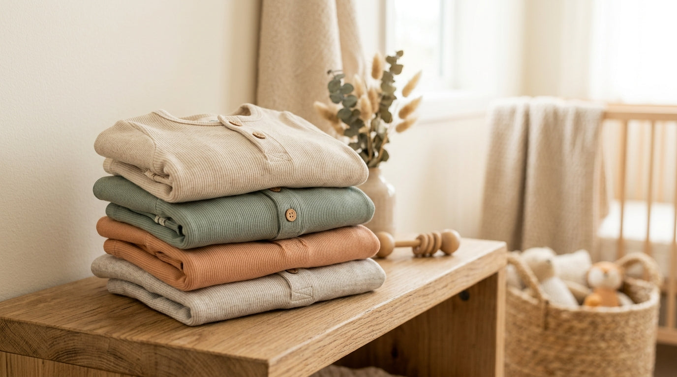 Priya holding a stiff plastic baby onesie while looking highly skeptical at the camera