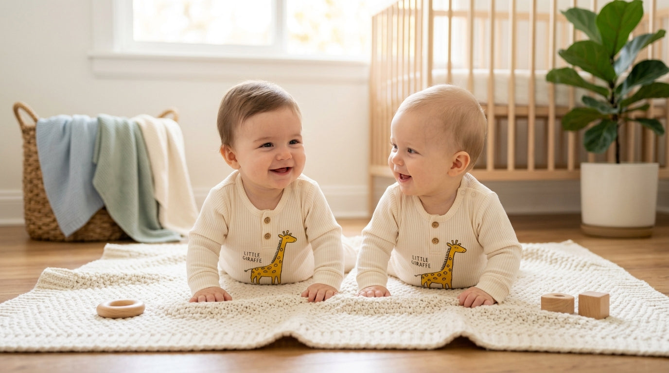 Two baby girls wearing slightly stained funny organic cotton rompers.