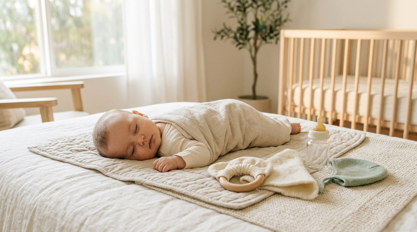 A wooden play gym set up in a living room while a dog watches