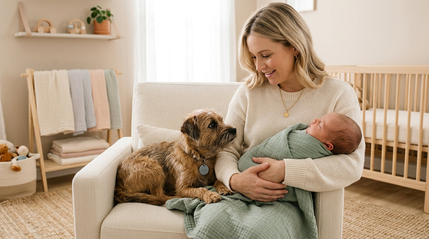 A tired mom holding a newborn while her dog stares skeptically from the couch.