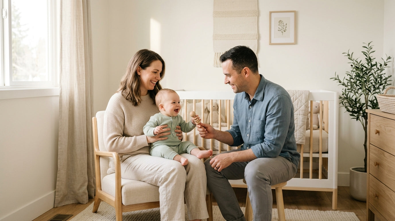 Tired dad holding twin baby girls while trying to read a parenting book