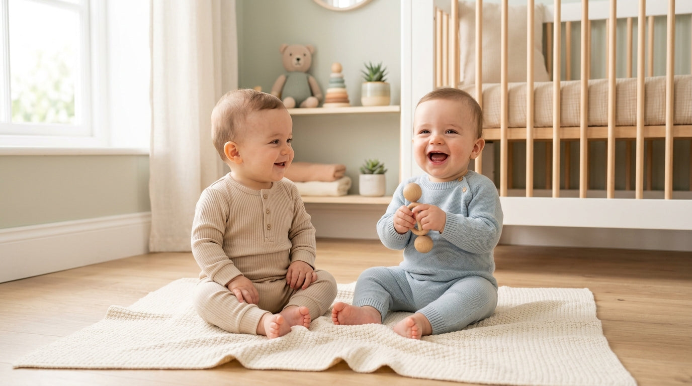 Tired dad holding a teething toy while trying to photograph two toddlers