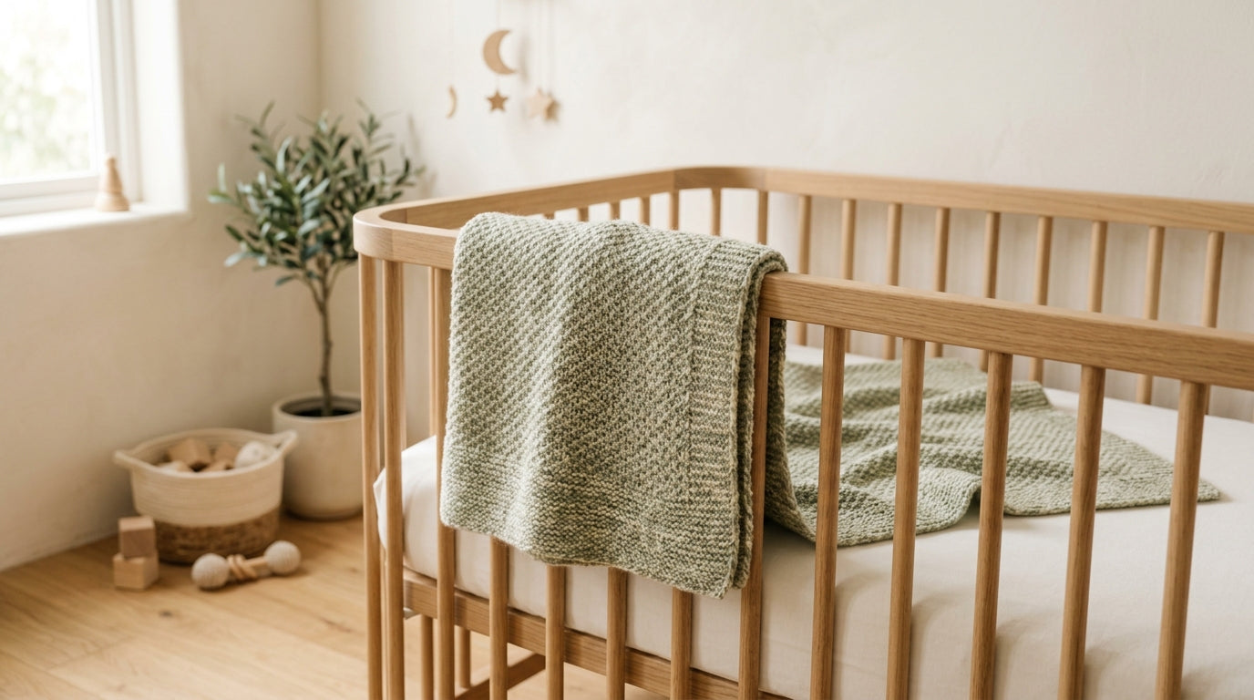 A gray knitted blanket draped over a stroller handle on a rainy Portland afternoon.
