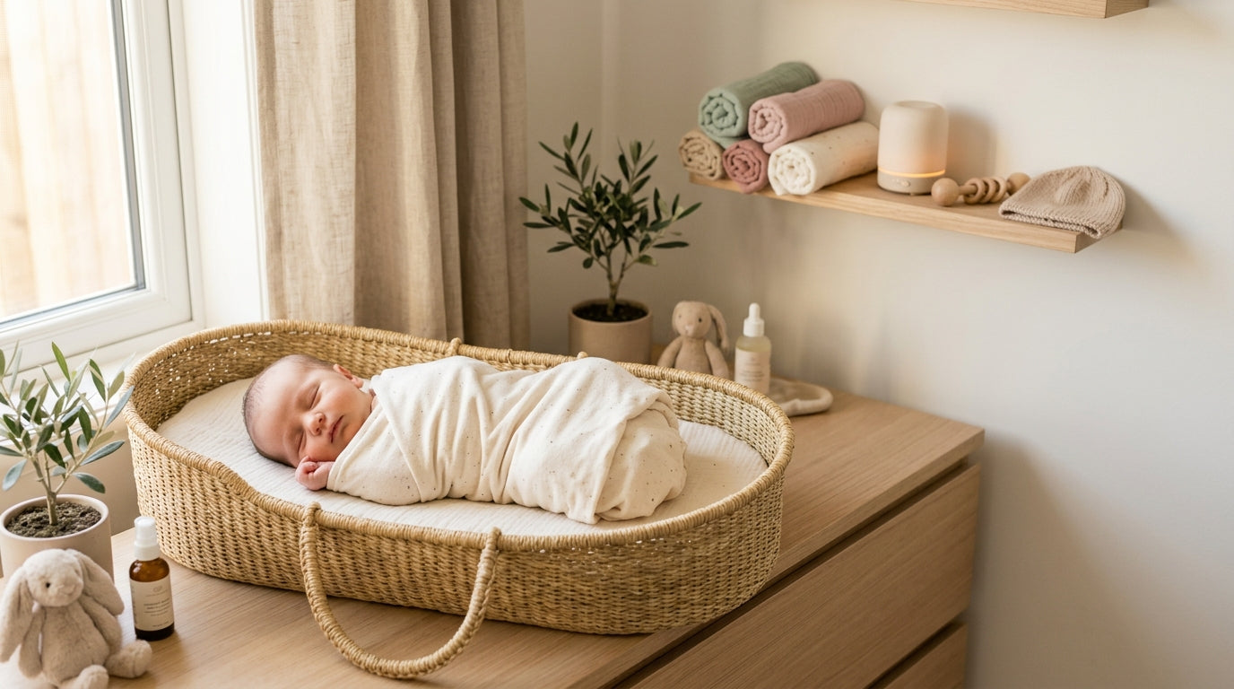 Exhausted British dad sitting on sofa surrounded by absurd newborn baby gear