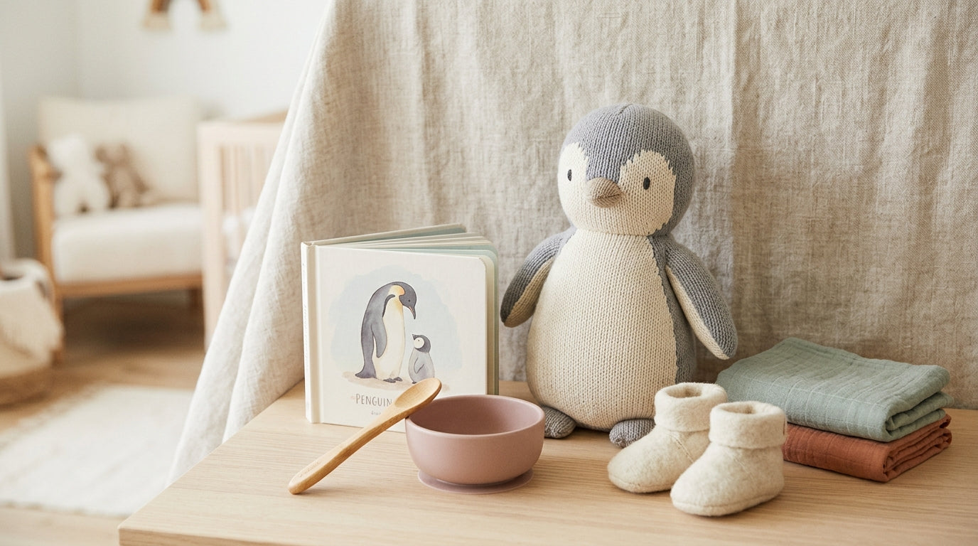 A chubby baby sleeping in a baby pen next to a plush penguin