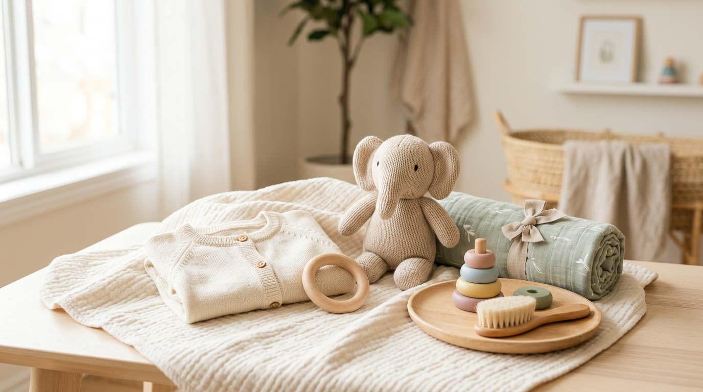 A confused dad looking at a mountain of plastic baby presents in a London living room