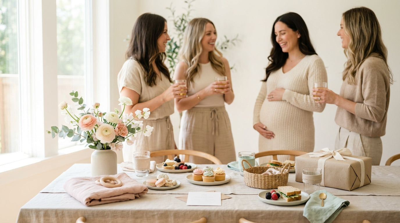Wooden baby gym and organic cotton blanket at a modern baby shower