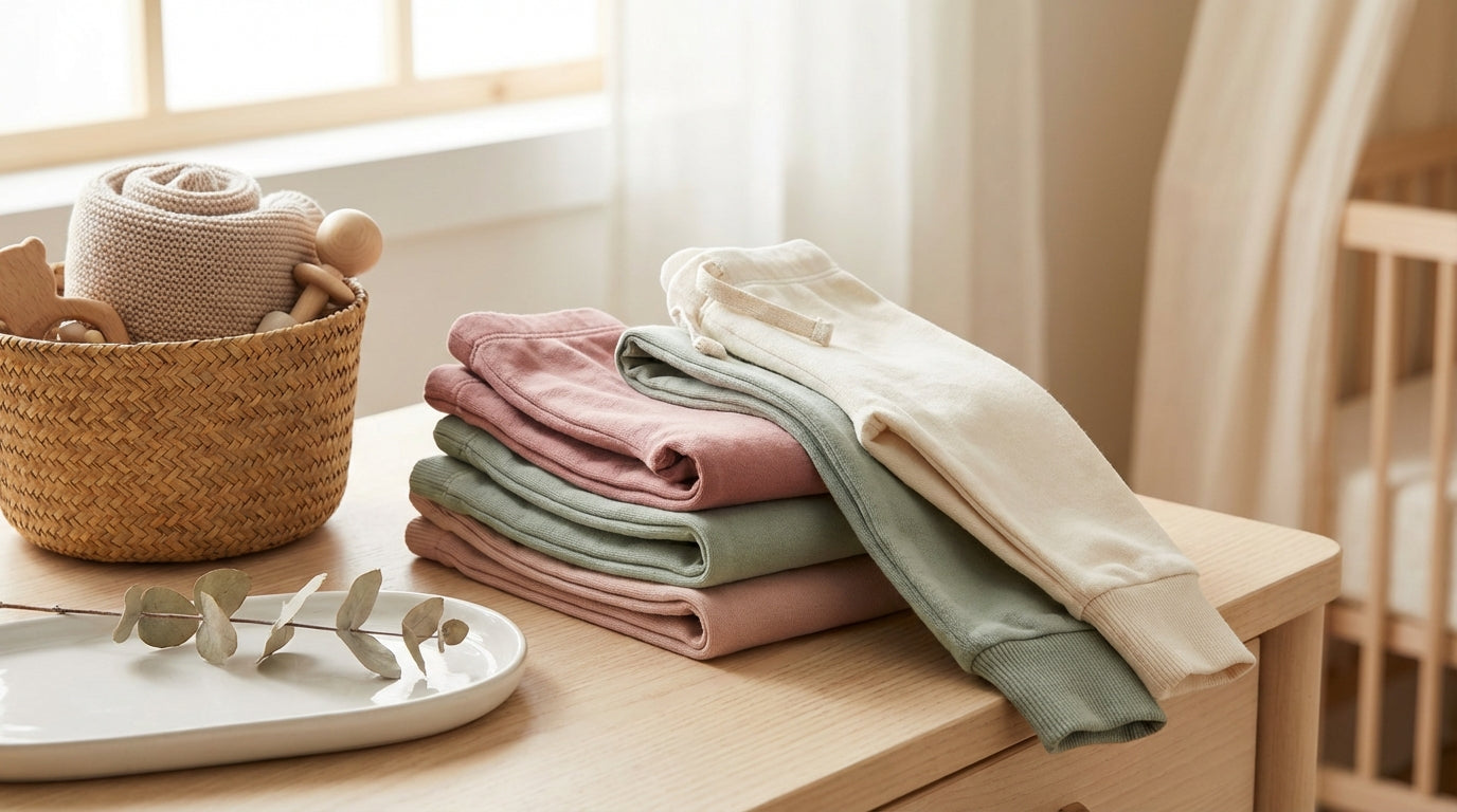 Toddler sitting on a rug wearing soft organic cotton bottoms