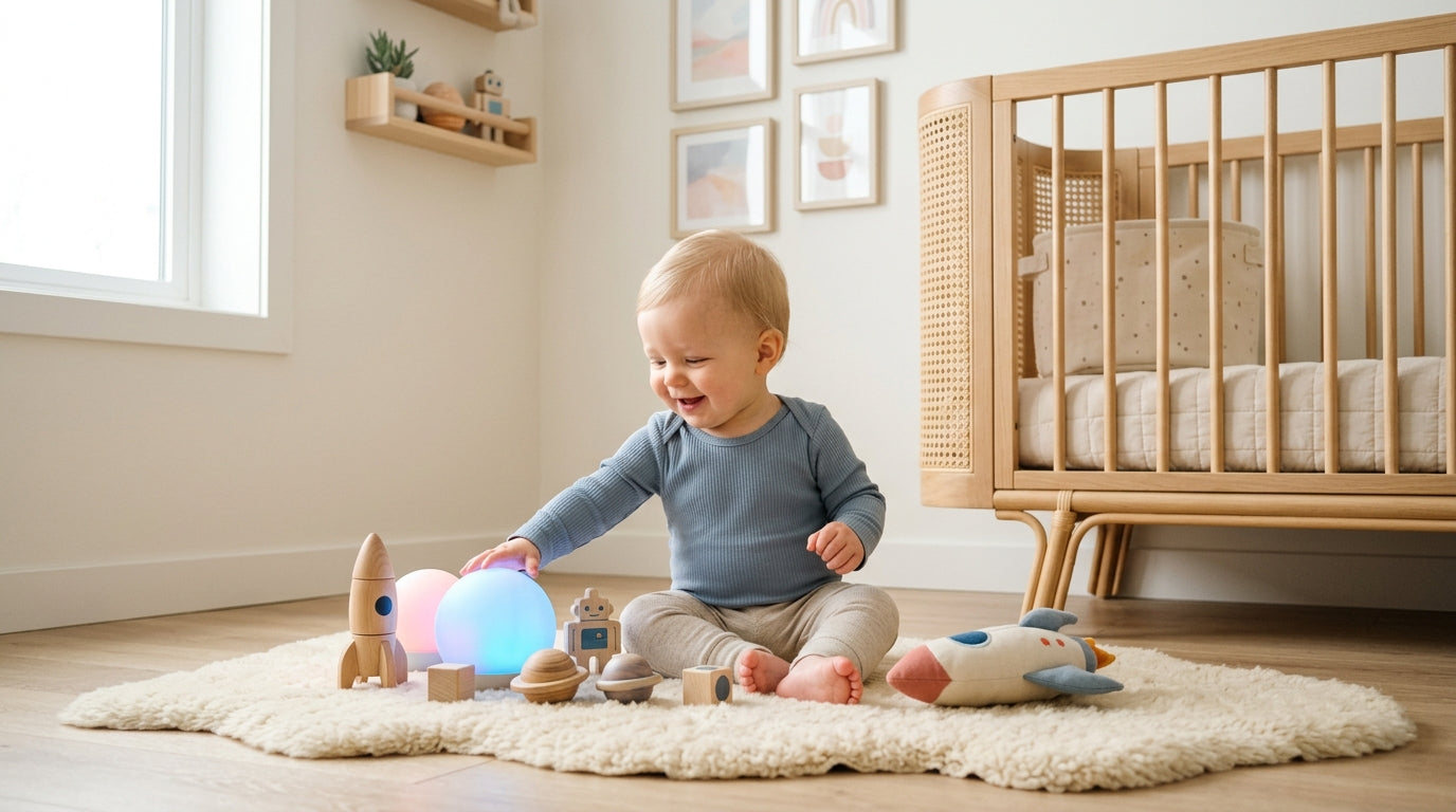 Marcus looking exhausted while holding a tangled mess of baby monitor cables and a tablet