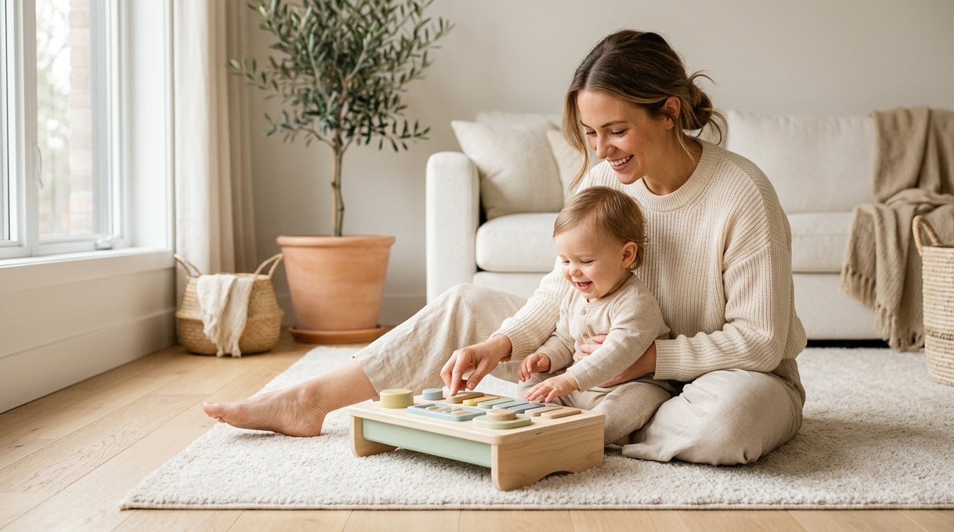 Exhausted mom sitting on the floor with cold coffee while her baby sleeps on a bamboo blanket.
