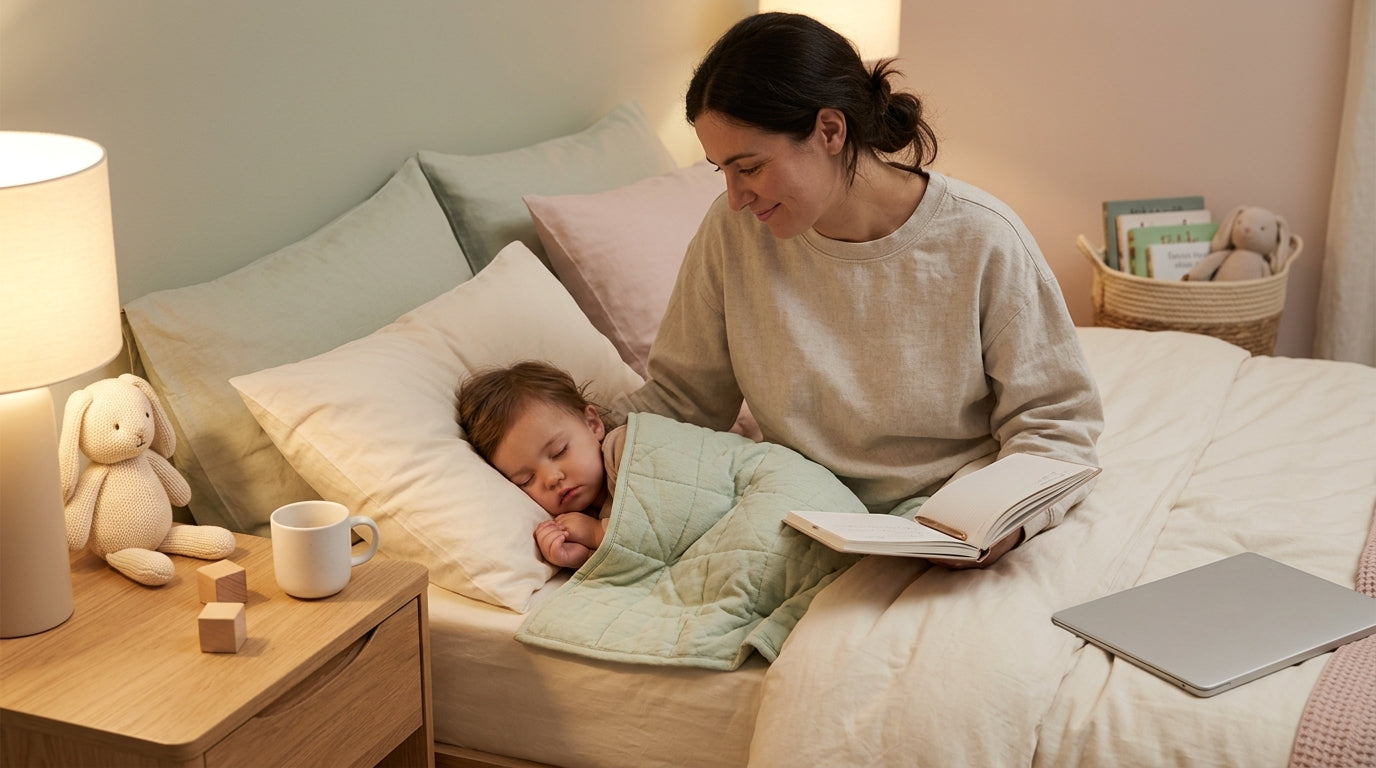 Confused dad looking at a smartphone while a toddler chews on a wooden panda toy