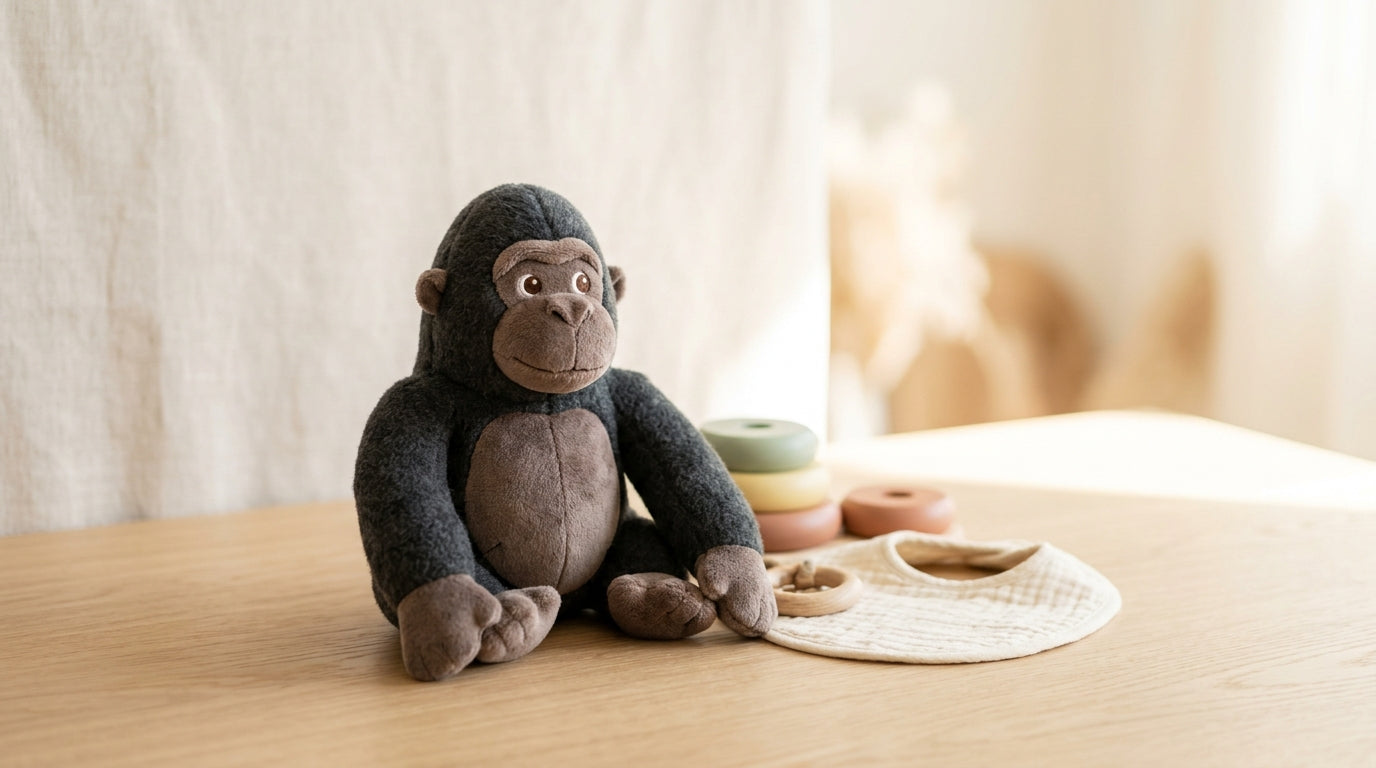 A tired mom holding a coffee cup while reading about a mother gorilla and her newborn infant on a smartphone.