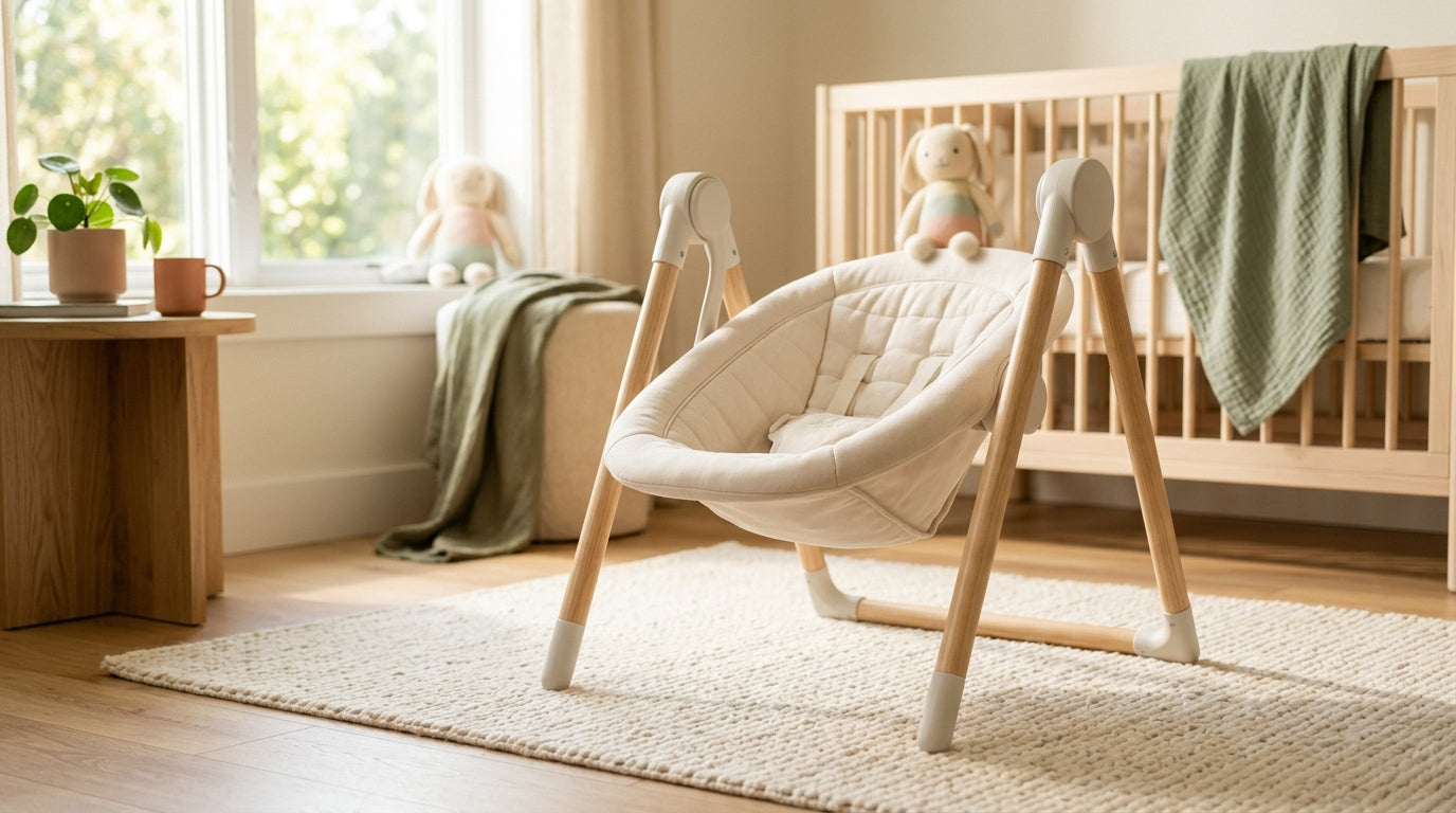 A tired mom drinking cold coffee while her infant sits in a mechanical swaying seat in the living room.