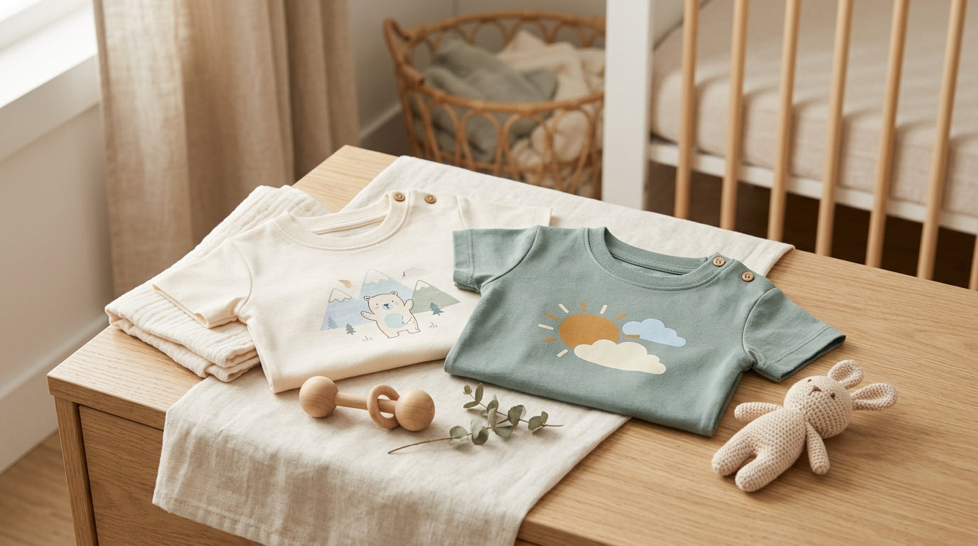 Toddler wearing a white graphic baby tee layered over an organic cotton bodysuit