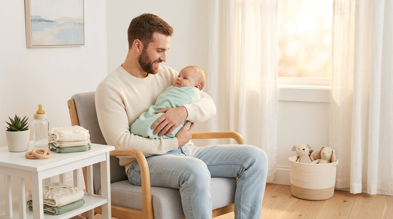 A tired dad holding two toddlers surrounded by organic baby clothes and silicone teethers