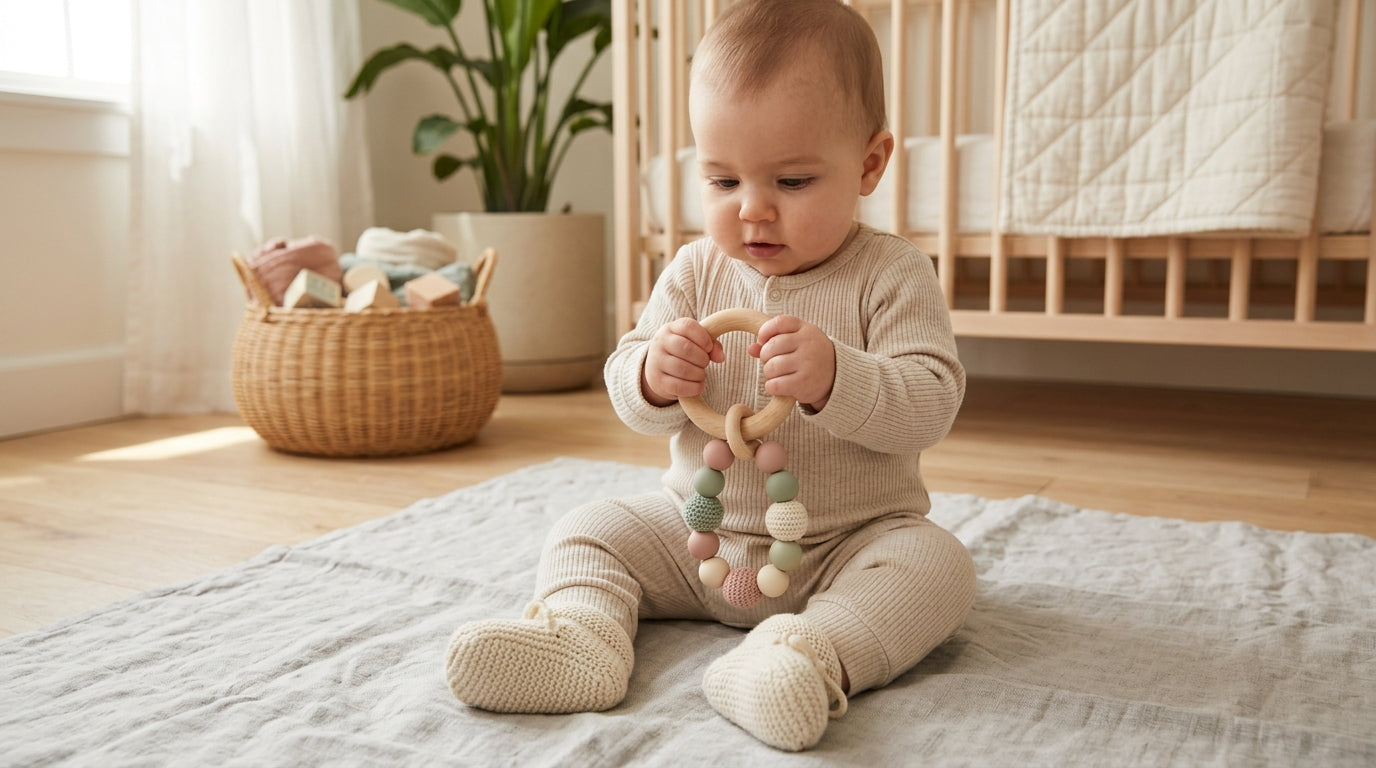 A baby grabbing their mom's finger tightly with a messy living room in the background