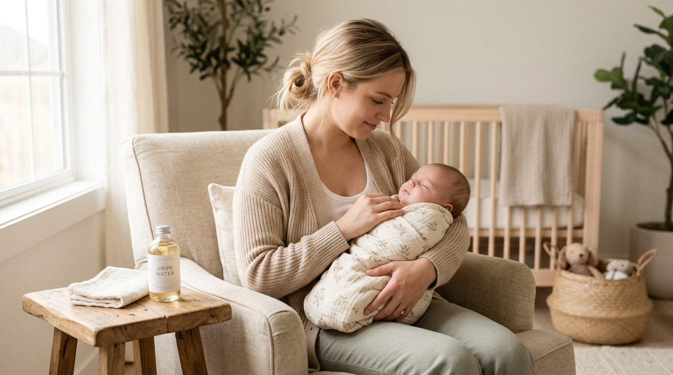 Exhausted mom holding crying baby in dark nursery while looking at her phone
