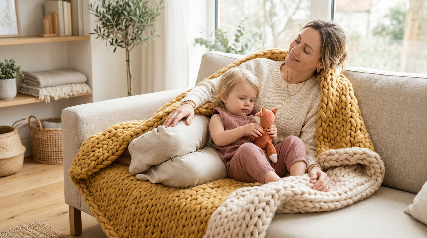 Exhausted dad trapped under a massive organic cotton family blanket with twins.