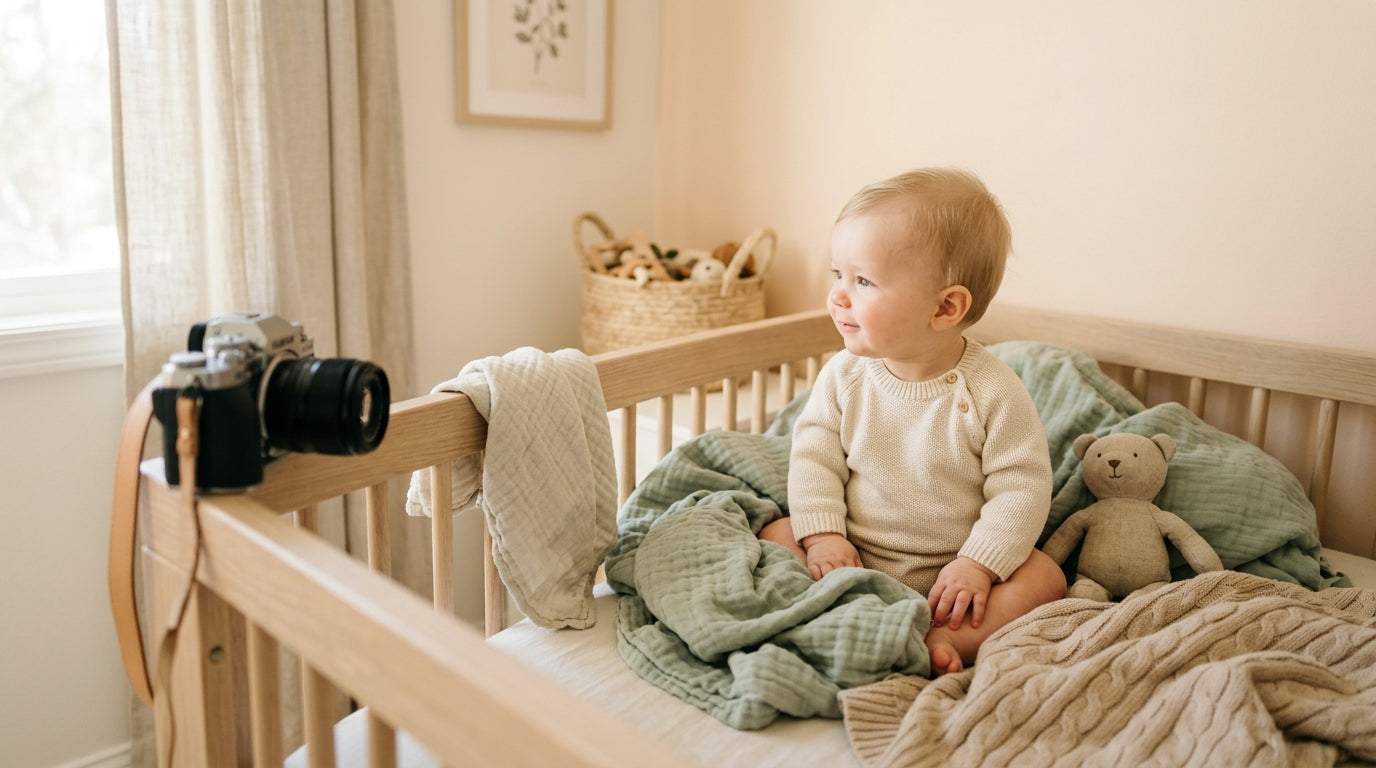 A sleeping newborn wrapped in an organic cotton swaddle on a messy bed