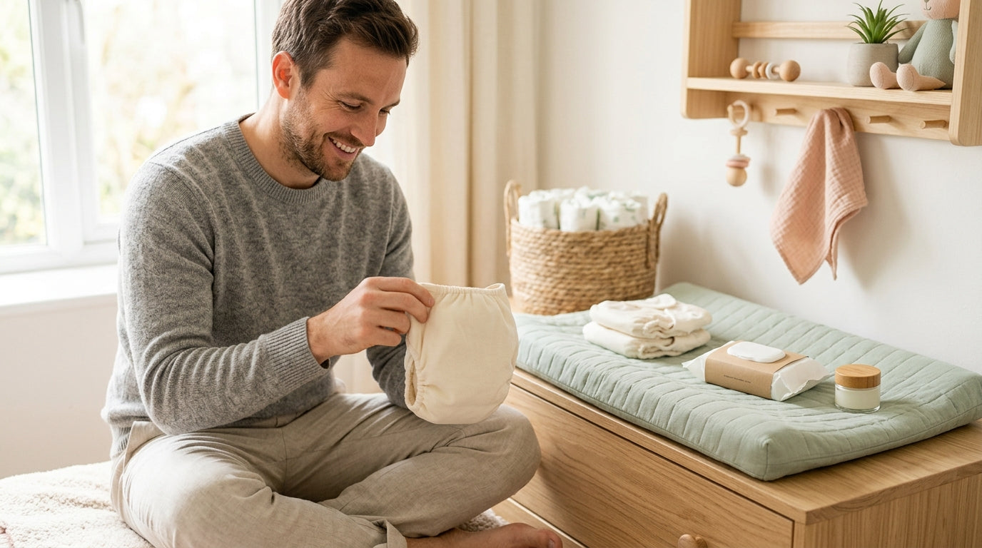 A dad looking confused while holding a clean baby nappy