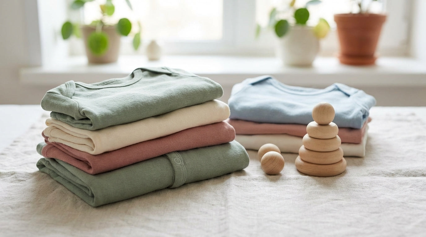 Toddler clothes scattered across a wooden nursery floor