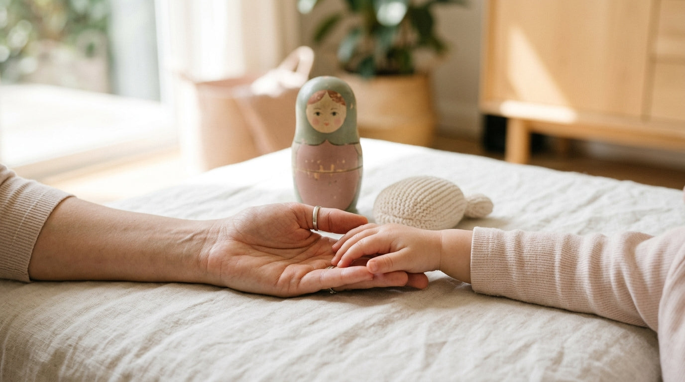 Sarah holding a cold coffee looking stressed while reading about generational trauma