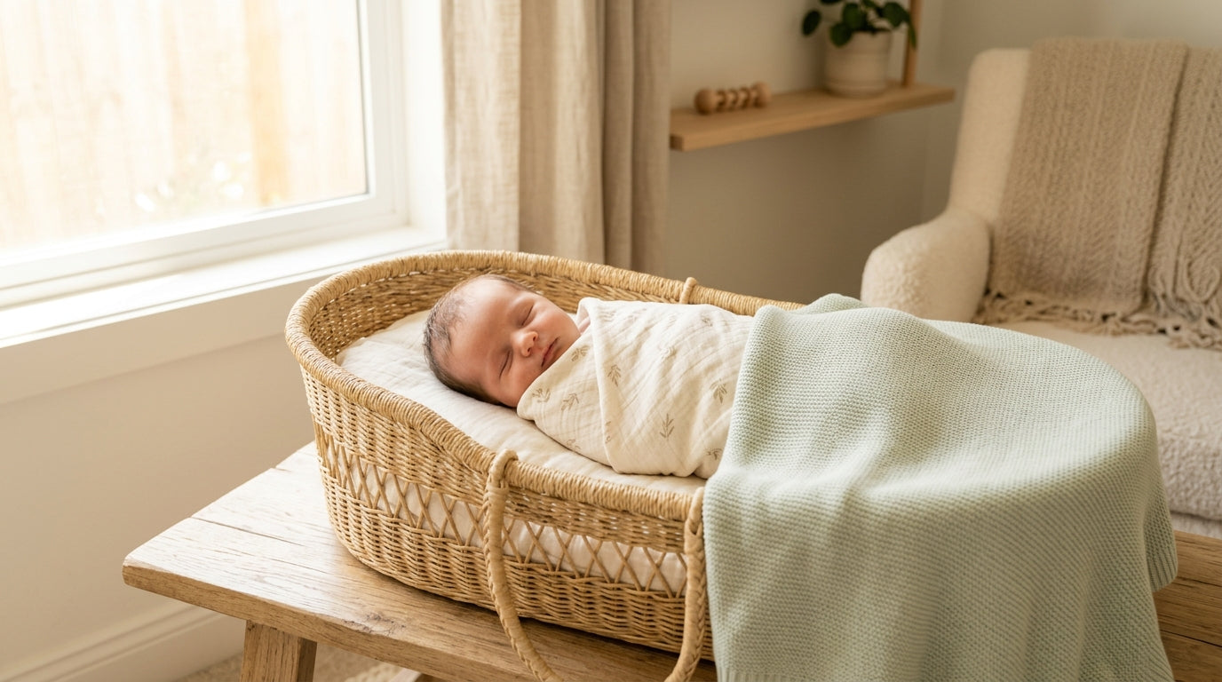Exhausted dad holding a swaddled infant at 3 AM looking at a baby monitor
