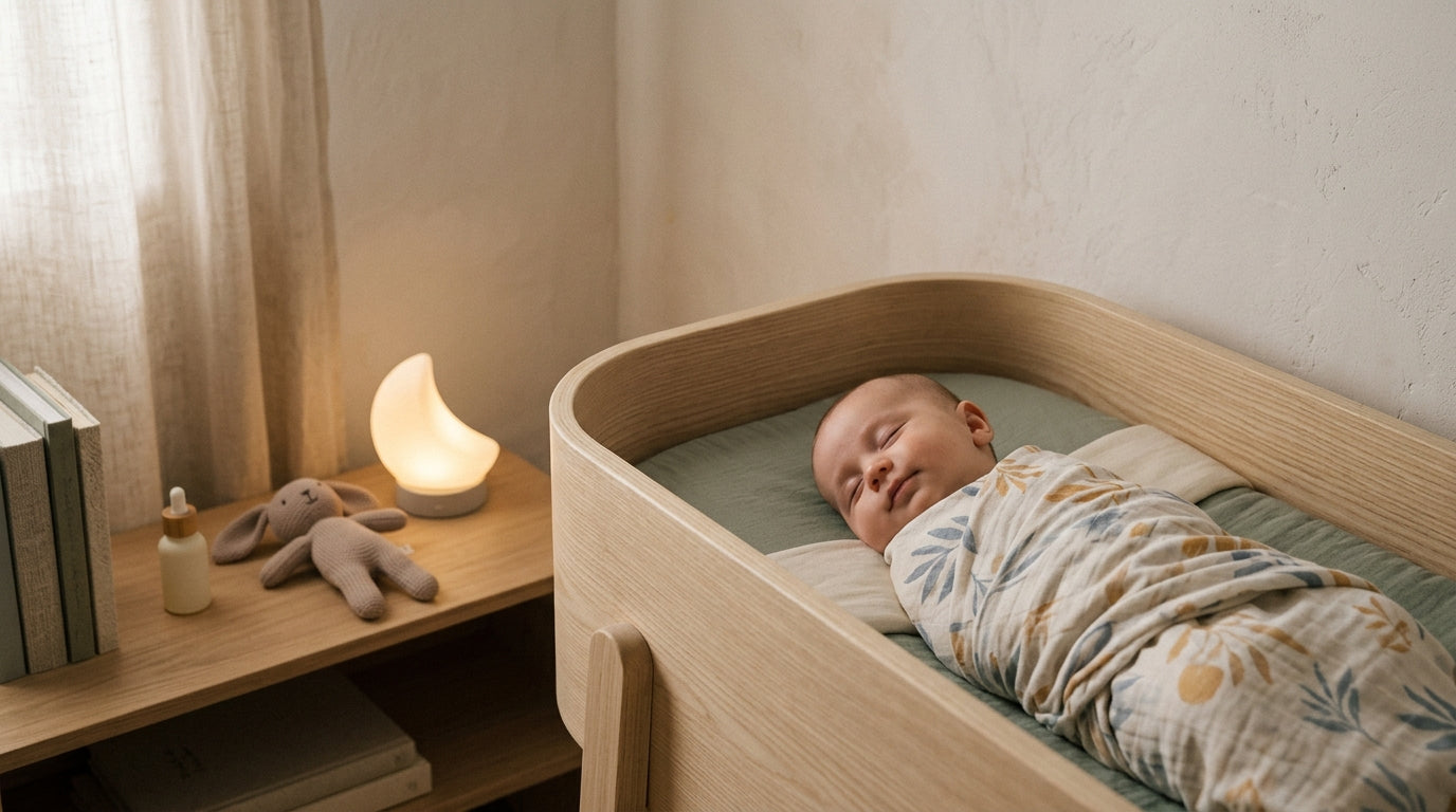 A tired dad holding a swaddled baby while looking at a sleep book in the dark