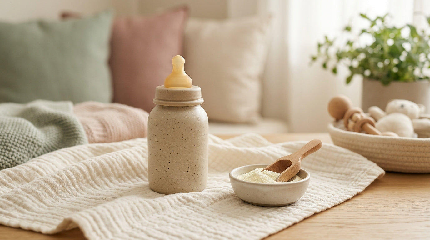 A half-empty bottle of organic baby formula sitting next to a folded crochet baby blanket