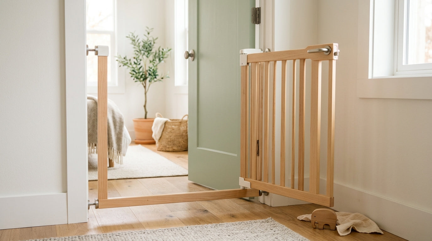 Hardware-mounted wooden walk-through baby gate at the top of a modern staircase