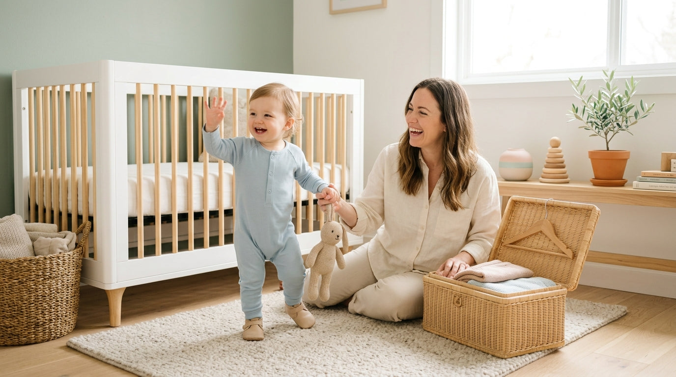 A toddler clinging to a mother's leg while she tries to put on her shoes