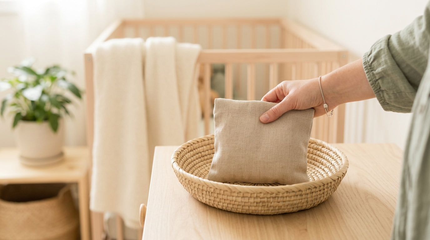 Safe wooden baby toys scattered on a rug instead of toxic plants