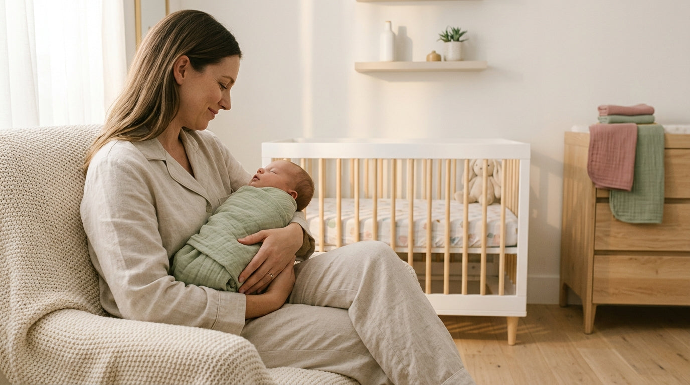 Priya holding her fussy infant while attempting to sing a ragtime song in the dark nursery