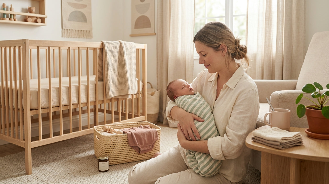Exhausted mother looking down at a fussy newborn in a dimly lit nursery