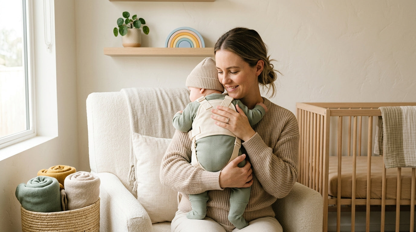 A very tired British dad holding a baby in a frog-legged Pavlik harness
