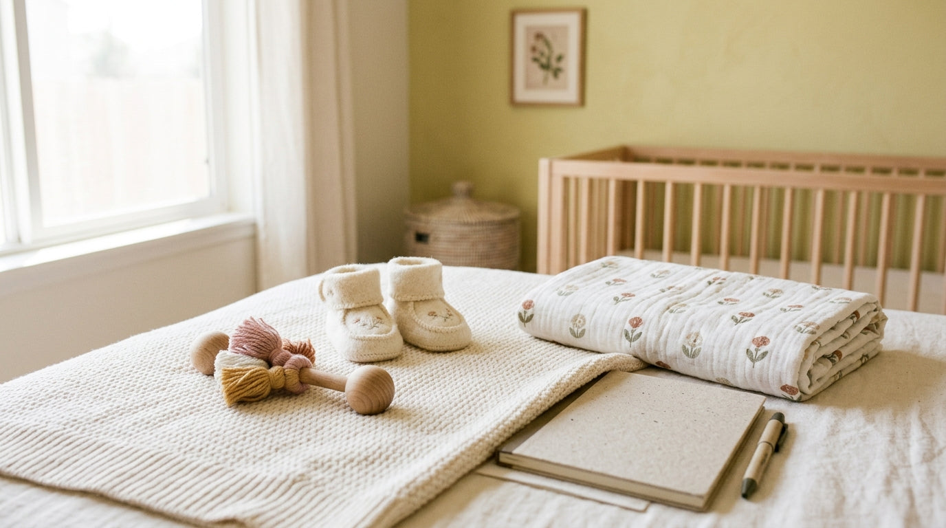 Tired dad holding a teething baby while staring blankly at a list of names