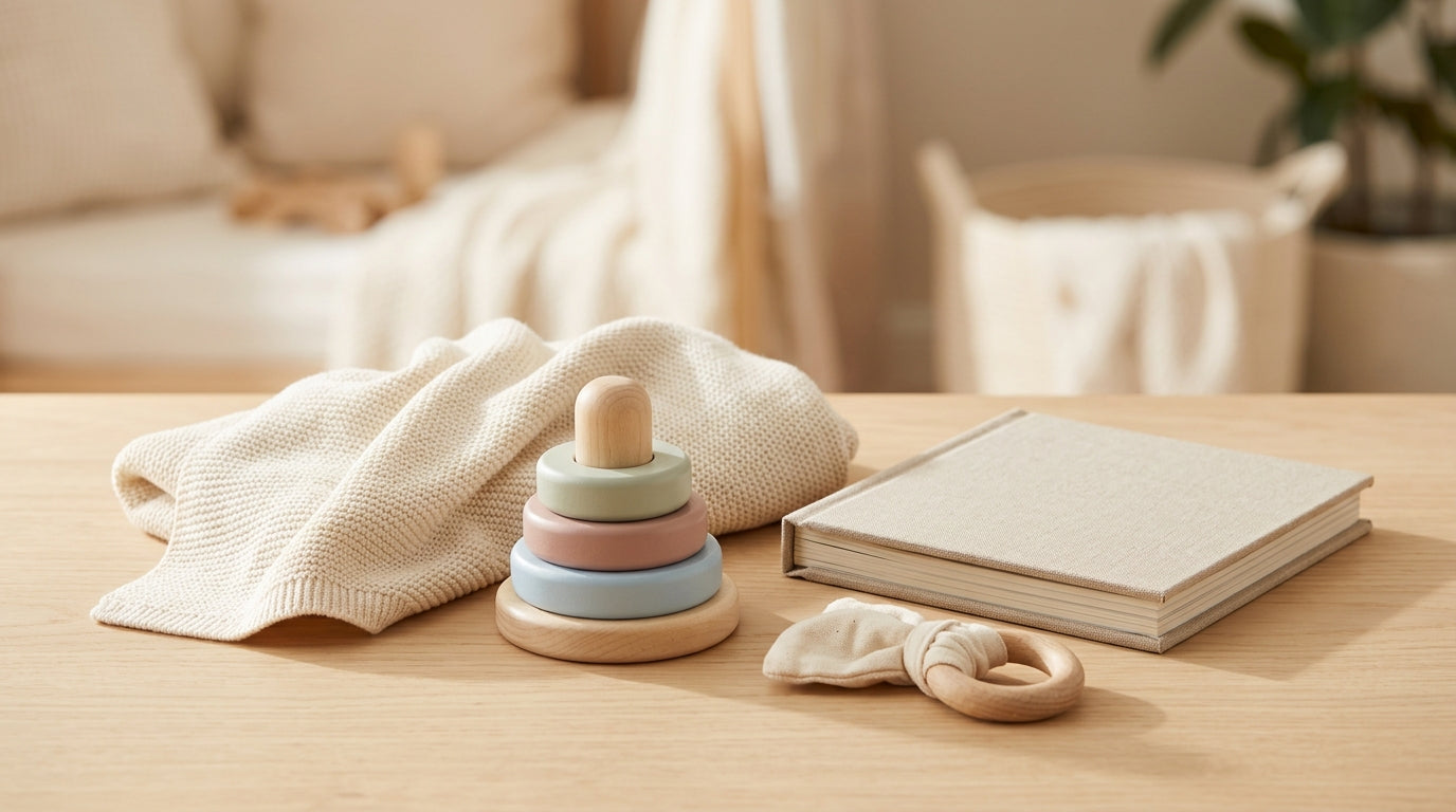 Tired mother rocking a toddler in a dark nursery with a smart speaker nearby