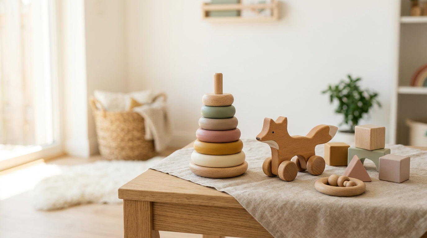 A toddler playing with a wooden block set on a living room rug.