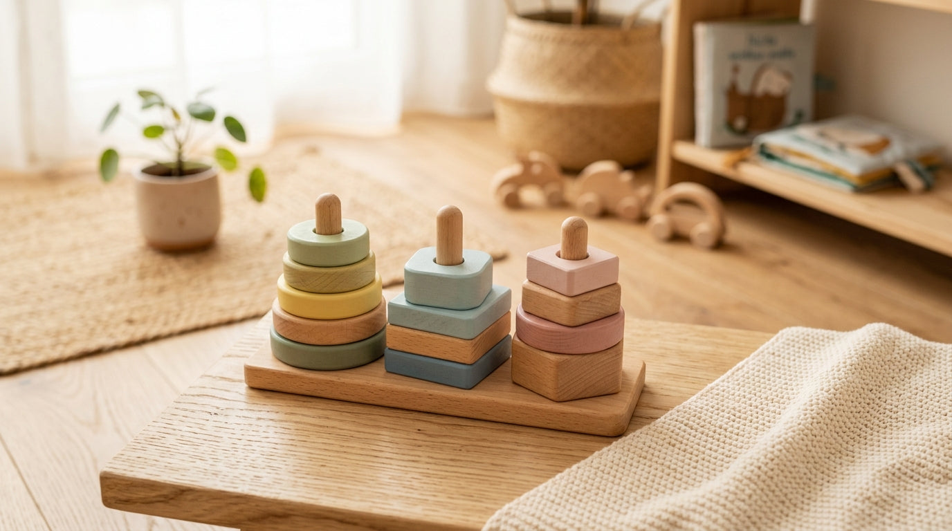 A chewed up wooden sorting block next to a half full coffee mug