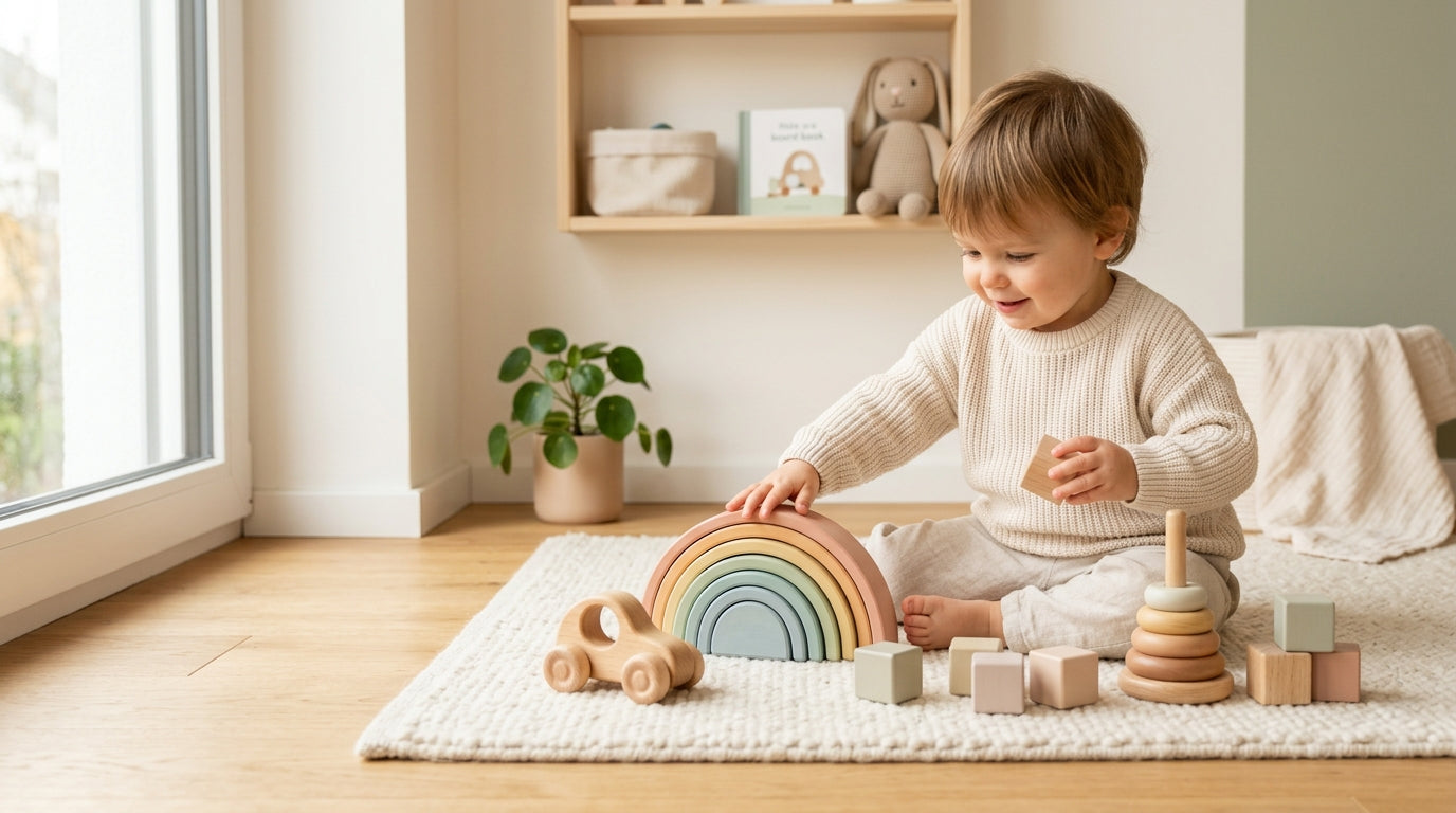 Toddler playing with Kianao wooden building blocks on a rug