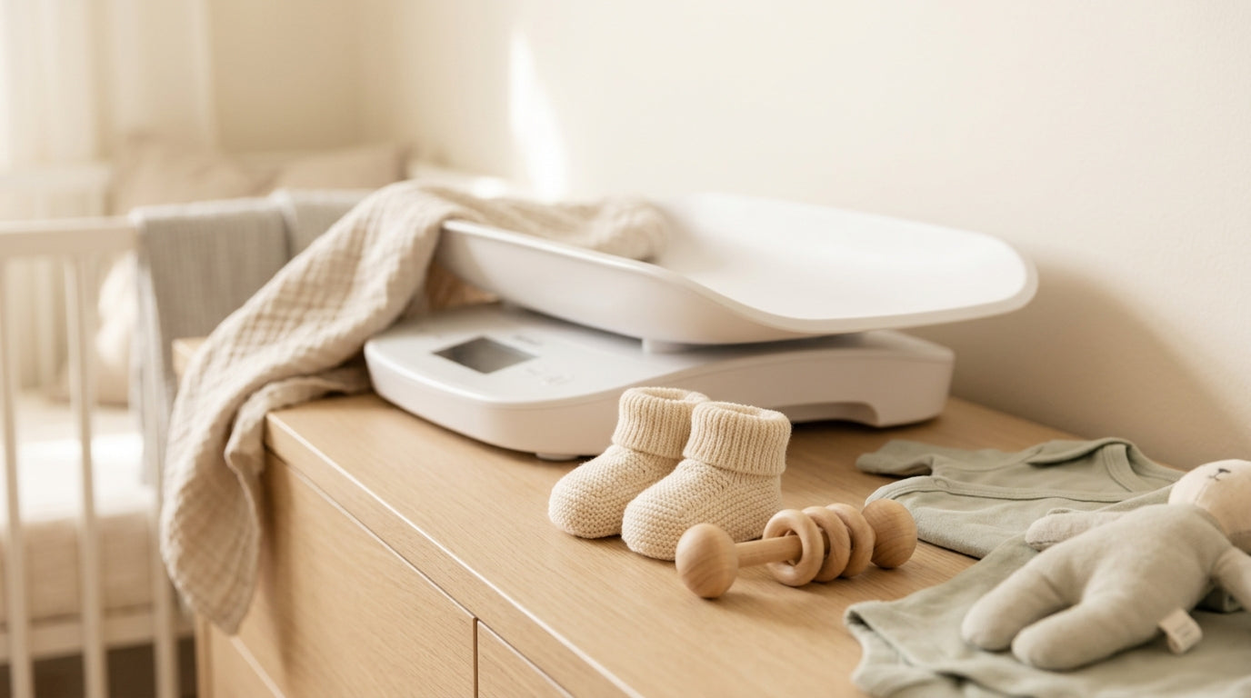 A frustrated dad staring at a digital infant scale next to a stack of nappies