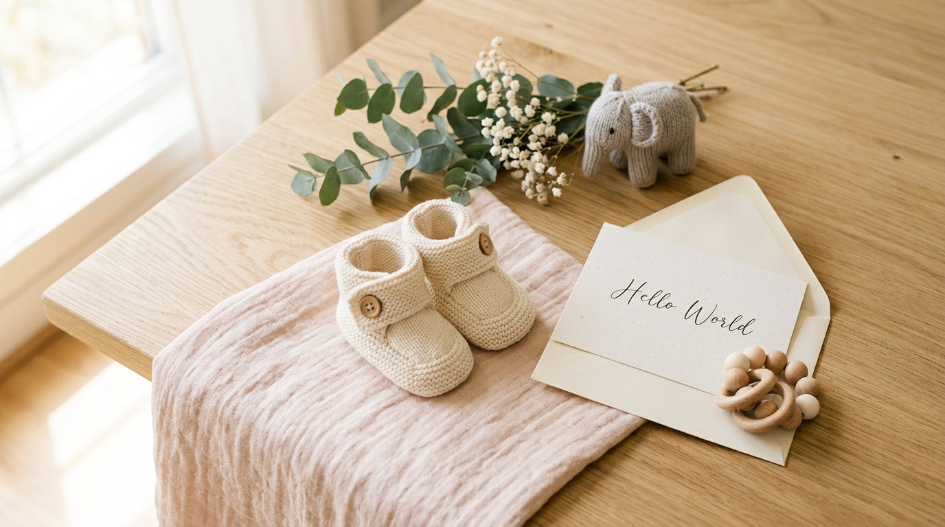 A tired dad holding two organic cotton baby onesies trying to figure out an announcement photo.