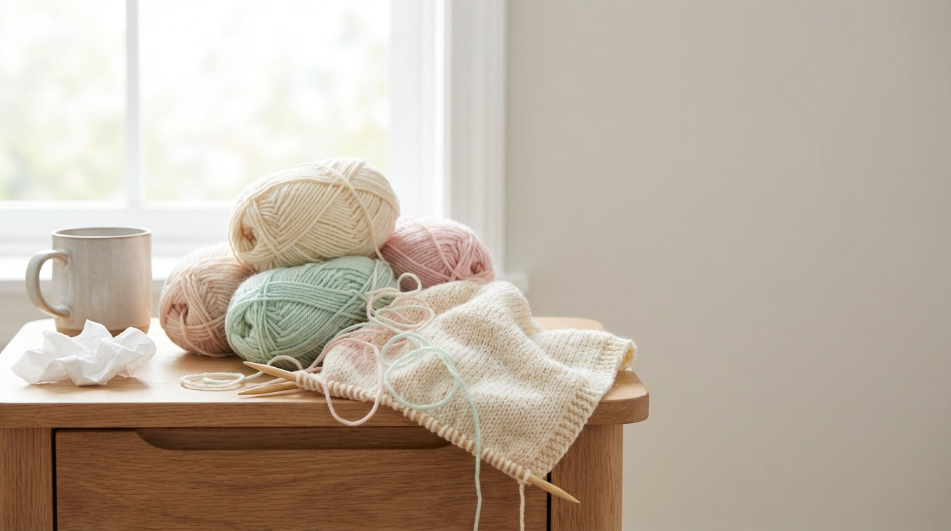 Pregnant woman sitting on a rug looking extremely stressed holding yarn