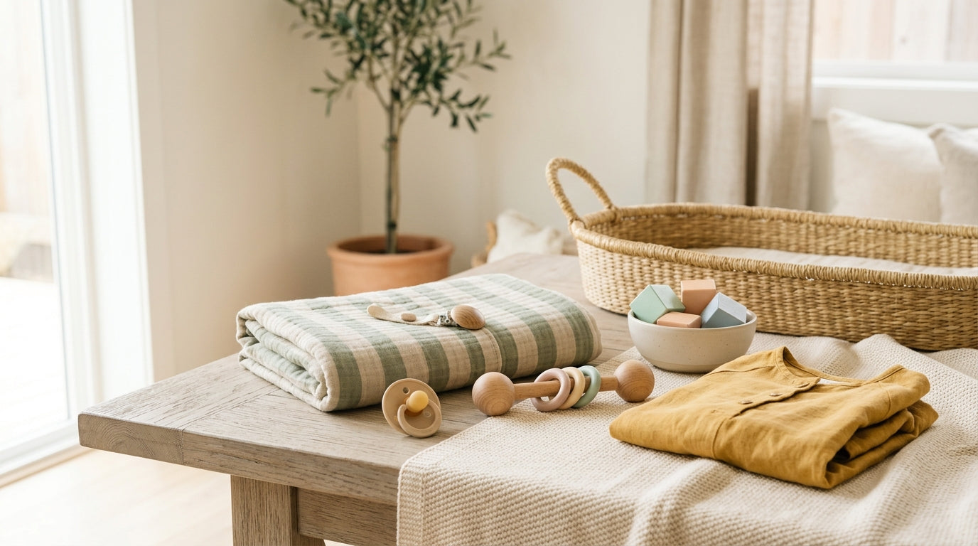 A tired mom looking at a massive pile of baby clothes on her living room floor