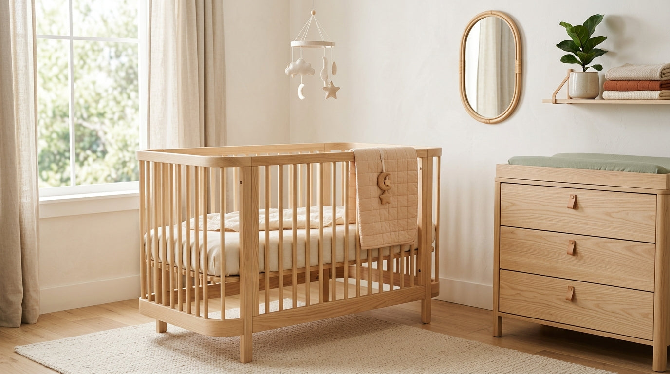 A wooden convertible crib next to a half-empty coffee cup in a messy nursery.